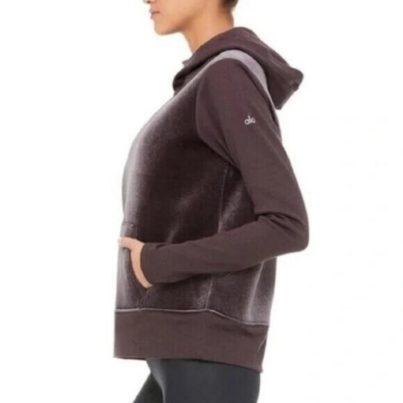 NWT ALO YOGA Luxe Long Sleeve Velour Hoodie Sweatshirt Size Medium In Raisin - Picture 3 of 10